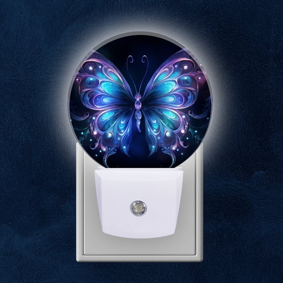 Round LED Night Lights Lamp with Dusk to Dawn Sensor, Beautiful Glowing Blue And Purple Butterfly With Ornate Wings Night Light Plug Into Wall for Kids Room, Bedroom, Bathroom, Kitchen, Hallway
