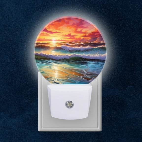 Round LED Night Lights Lamp with Dusk to Dawn Sensor, Beautiful Ocean Scene With Waves Crashing Against The Shore Night Light Plug Into Wall for Kids Room, Bedroom, Bathroom, Kitchen, Hallway