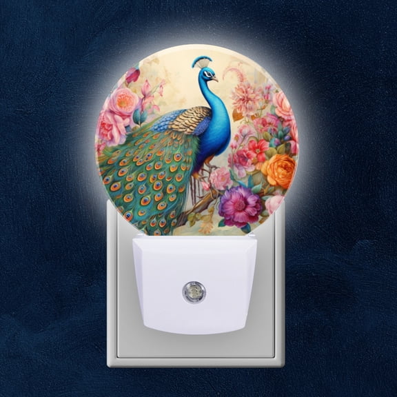 Round LED Night Lights Lamp with Dusk to Dawn Sensor, Beautiful Peacock Surrounded By Roses Night Light Plug Into Wall for Kids Room, Bedroom, Bathroom, Kitchen, Hallway