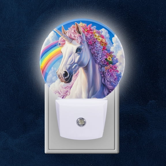 Round LED Night Lights Lamp with Dusk to Dawn Sensor, Beautiful Rainbow - Hued Unicorn Night Light Plug Into Wall for Kids Room, Bedroom, Bathroom, Kitchen, Hallway