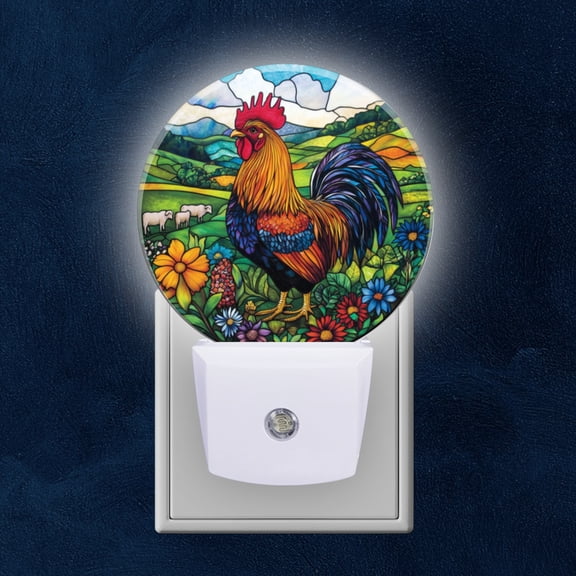 Round LED Night Lights Lamp with Dusk to Dawn Sensor, Beautiful Rooster In The Wild Night Light Plug Into Wall for Kids Room, Bedroom, Bathroom, Kitchen, Hallway