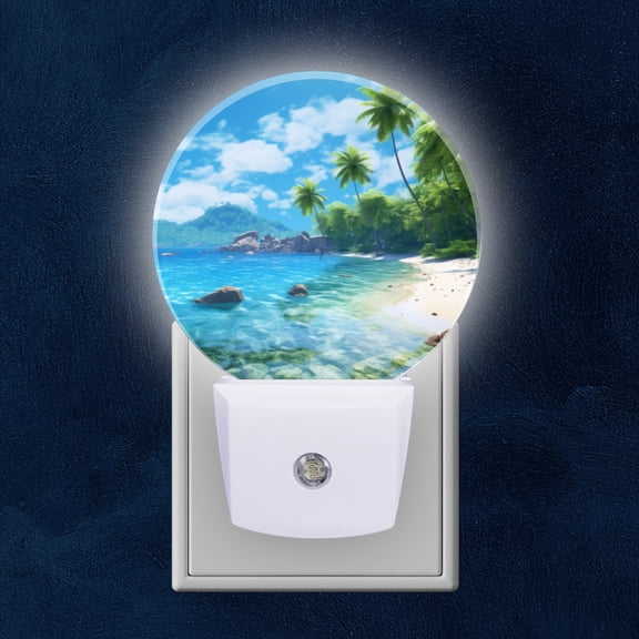 Round LED Night Lights Lamp with Dusk to Dawn Sensor, Beautiful Tropical Beach With Clear Water And Palm Trees Night Light Plug Into Wall for Kids Room, Bedroom, Bathroom, Kitchen, Hallway