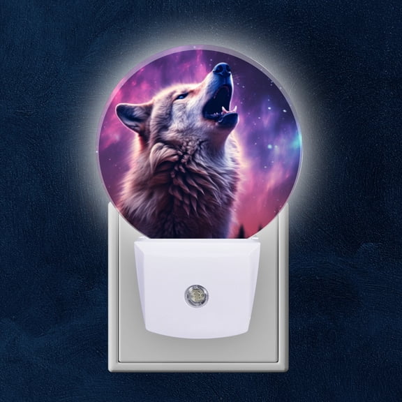 Round LED Night Lights Lamp with Dusk to Dawn Sensor, Beautiful Wolf Howling At The Starry Sky Night Light Plug Into Wall for Kids Room, Bedroom, Bathroom, Kitchen, Hallway