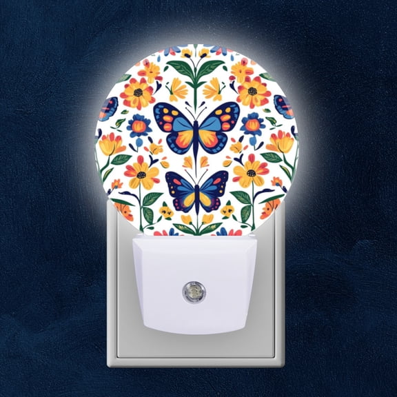 Round LED Night Lights Lamp with Dusk to Dawn Sensor, Beauty Of Floral And Butterfly Motifs In Harmony Night Light Plug Into Wall for Kids Room, Bedroom, Bathroom, Kitchen, Hallway