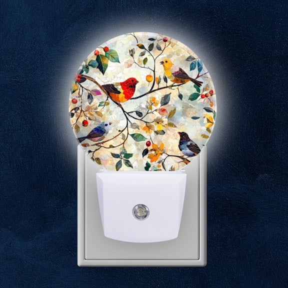 Round LED Night Lights Lamp with Dusk to Dawn Sensor, Birds On Branches In Mosaic Style Painting Night Light Plug Into Wall for Kids Room, Bedroom, Bathroom, Kitchen, Hallway