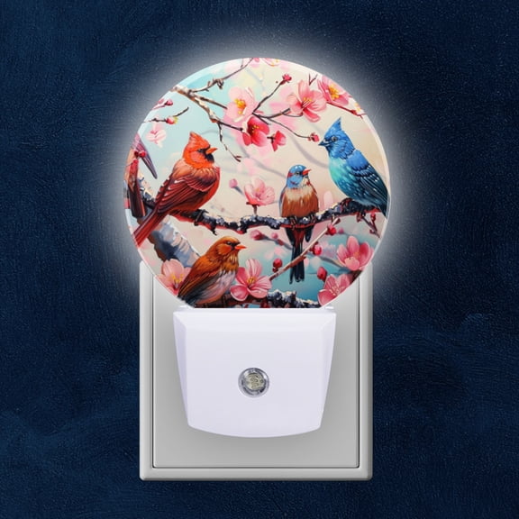 Round LED Night Lights Lamp with Dusk to Dawn Sensor, Birds And Pink Cherry Blossoms In Springtime Night Light Plug Into Wall for Kids Room, Bedroom, Bathroom, Kitchen, Hallway