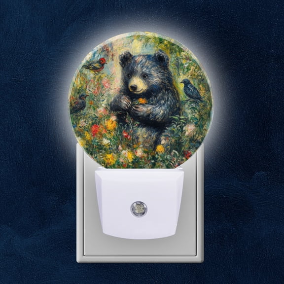 Round LED Night Lights Lamp with Dusk to Dawn Sensor, Black Bear In Flowering Environment With Birds Night Light Plug Into Wall for Kids Room, Bedroom, Bathroom, Kitchen, Hallway