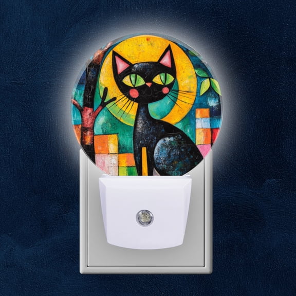 Round LED Night Lights Lamp with Dusk to Dawn Sensor, Black Cat With Artistic Sun Background Night Light Plug Into Wall for Kids Room, Bedroom, Bathroom, Kitchen, Hallway