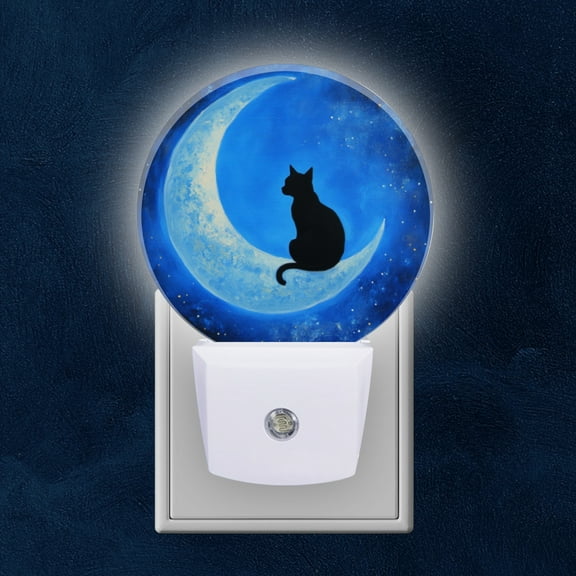 Round LED Night Lights Lamp with Dusk to Dawn Sensor, Black Cat Sat On Blue Crescent Moon Night Light Plug Into Wall for Kids Room, Bedroom, Bathroom, Kitchen, Hallway