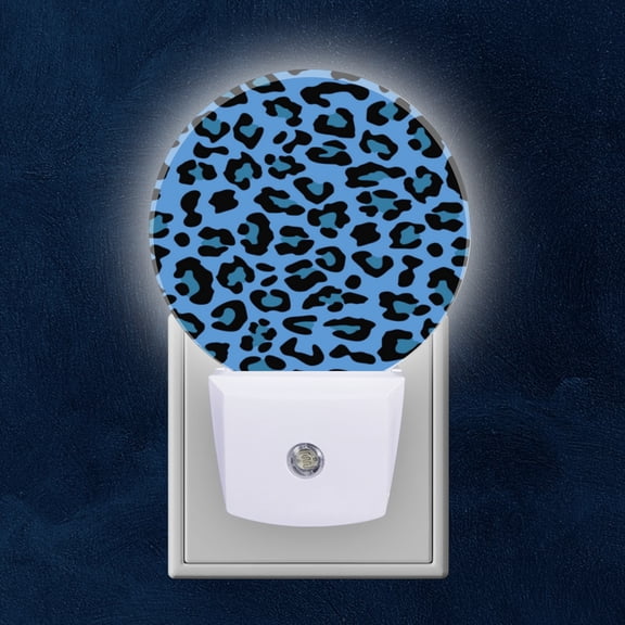 Round LED Night Lights Lamp with Dusk to Dawn Sensor, Blue And Black Leopard Print Pattern Night Light Plug Into Wall for Kids Room, Bedroom, Bathroom, Kitchen, Hallway