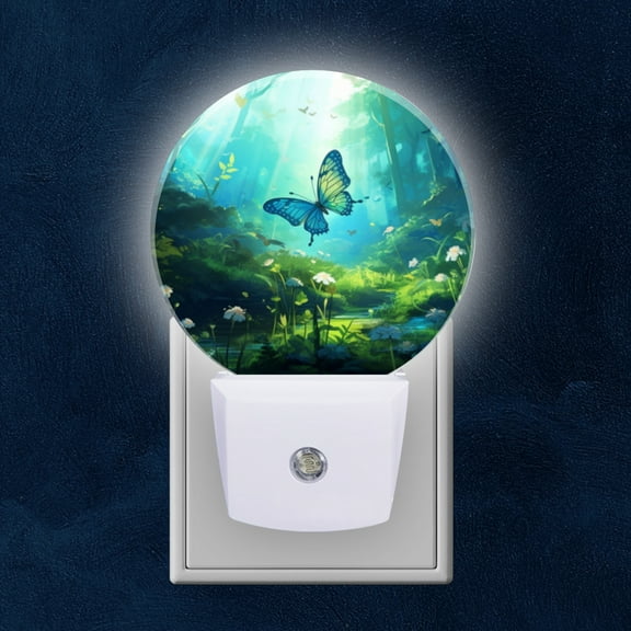 Round LED Night Lights Lamp with Dusk to Dawn Sensor, Blue Butterfly Soaring In Sunlit Enchanted Forest Night Light Plug Into Wall for Kids Room, Bedroom, Bathroom, Kitchen, Hallway