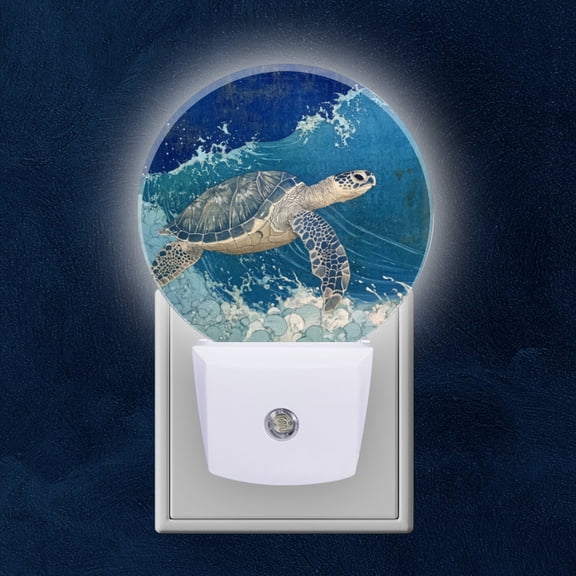 Round LED Night Lights Lamp with Dusk to Dawn Sensor, Blue - Hued Sea Turtle Sojourn Night Light Plug Into Wall for Kids Room, Bedroom, Bathroom, Kitchen, Hallway