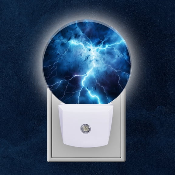 Round LED Night Lights Lamp with Dusk to Dawn Sensor, Blue Lightning Flashing Against Dark Background Night Light Plug Into Wall for Kids Room, Bedroom, Bathroom, Kitchen, Hallway
