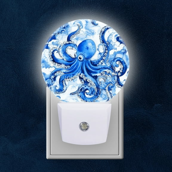 Round LED Night Lights Lamp with Dusk to Dawn Sensor, Blue Octopus In Whimsical Watercolor Ocean Night Light Plug Into Wall for Kids Room, Bedroom, Bathroom, Kitchen, Hallway