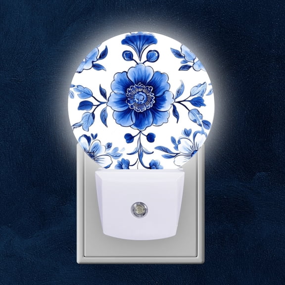 Round LED Night Lights Lamp with Dusk to Dawn Sensor, Blue And White Floral Elegance In Detail Night Light Plug Into Wall for Kids Room, Bedroom, Bathroom, Kitchen, Hallway