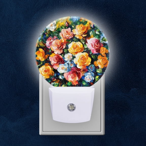 Round LED Night Lights Lamp with Dusk to Dawn Sensor, Bouquet Of Multicolored Roses Night Light Plug Into Wall for Kids Room, Bedroom, Bathroom, Kitchen, Hallway