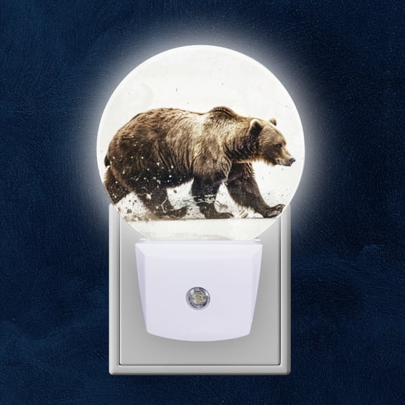 Round LED Night Lights Lamp with Dusk to Dawn Sensor, Brown Bear Running On White Background Night Light Plug Into Wall for Kids Room, Bedroom, Bathroom, Kitchen, Hallway