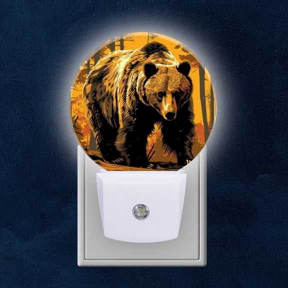 Round LED Night Lights Lamp with Dusk to Dawn Sensor, Brown Bear'S Stature In High Contrast Artwork Night Light Plug Into Wall for Kids Room, Bedroom, Bathroom, Kitchen, Hallway