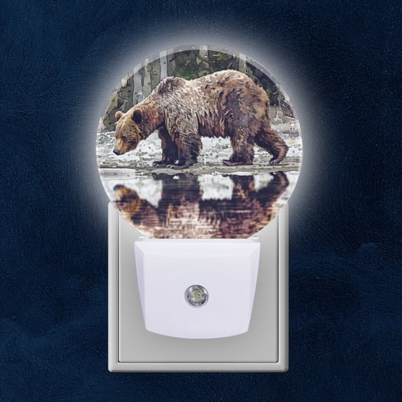 Round LED Night Lights Lamp with Dusk to Dawn Sensor, Brown Bear In Watercolor Forest Setting Night Light Plug Into Wall for Kids Room, Bedroom, Bathroom, Kitchen, Hallway
