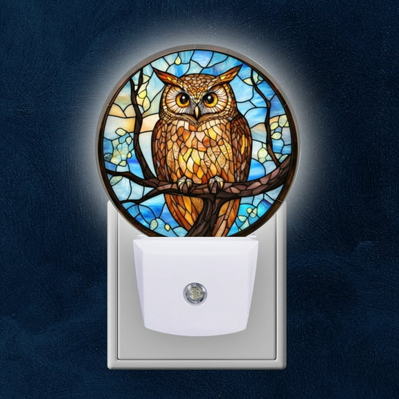 Round LED Night Lights Lamp with Dusk to Dawn Sensor, Brown Owl With Yellow Eyes Sitting On Branch Night Light Plug Into Wall for Kids Room, Bedroom, Bathroom, Kitchen, Hallway