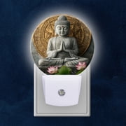 Round LED Night Lights Lamp with Dusk to Dawn Sensor, BuddhSitting On Lotus Flower With Golden Background Night Light Plug Into Wall for Kids Room, Bedroom, Bathroom, Kitchen, Hallway