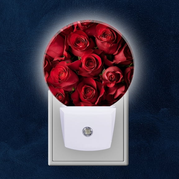 Round LED Night Lights Lamp with Dusk to Dawn Sensor, Bunch Of Luxurious Red Roses In Full Bloom Night Light Plug Into Wall for Kids Room, Bedroom, Bathroom, Kitchen, Hallway
