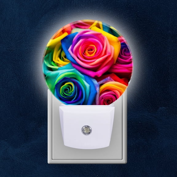 Round LED Night Lights Lamp with Dusk to Dawn Sensor, Bunch Of Rainbow Colored Roses In Full Splendor Night Light Plug Into Wall for Kids Room, Bedroom, Bathroom, Kitchen, Hallway