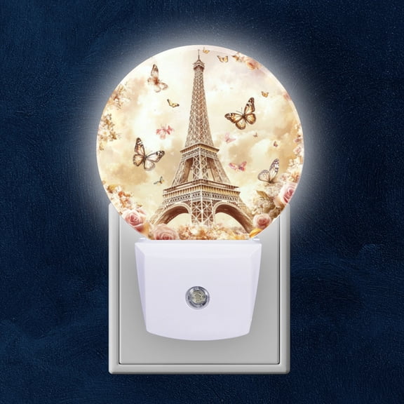 Round LED Night Lights Lamp with Dusk to Dawn Sensor, Butterflies Dancing Around The Eiffel Tower Night Light Plug Into Wall for Kids Room, Bedroom, Bathroom, Kitchen, Hallway