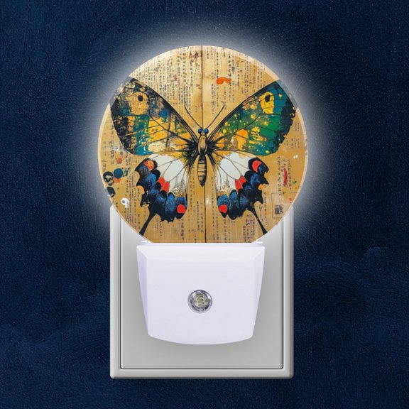 Round LED Night Lights Lamp with Dusk to Dawn Sensor, Butterfly On Ancient Script Background Night Light Plug Into Wall for Kids Room, Bedroom, Bathroom, Kitchen, Hallway