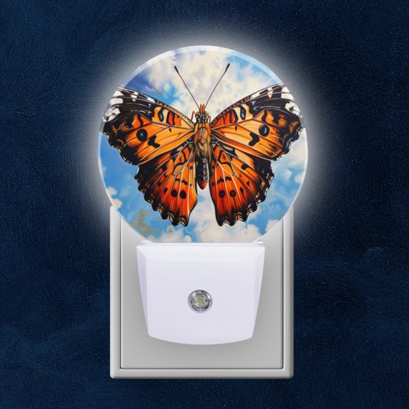Round LED Night Lights Lamp with Dusk to Dawn Sensor, Butterfly Soaring Against Blue Sky With Clouds Night Light Plug Into Wall for Kids Room, Bedroom, Bathroom, Kitchen, Hallway