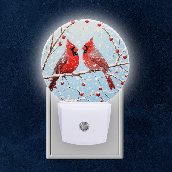 Round LED Night Lights Lamp with Dusk to Dawn Sensor, Cardinals' Elegance In Wintry Landscape Night Light Plug Into Wall for Kids Room, Bedroom, Bathroom, Kitchen, Hallway