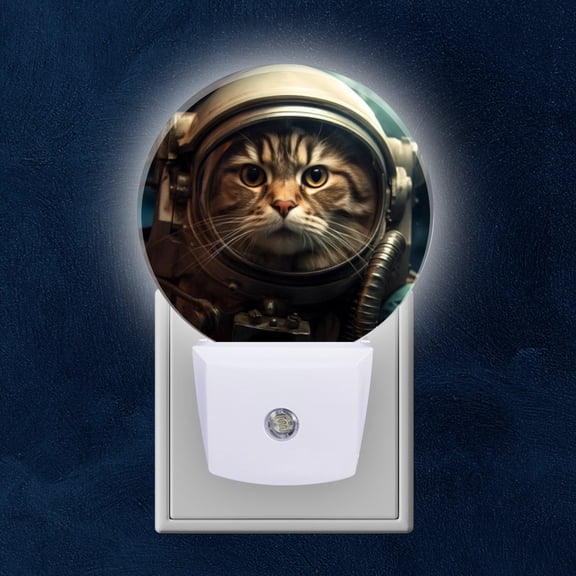 Round LED Night Lights Lamp with Dusk to Dawn Sensor, Cat In An Astronaut Helmet Sci Fi And Adorable Image Night Light Plug Into Wall for Kids Room, Bedroom, Bathroom, Kitchen, Hallway