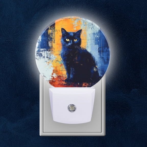 Round LED Night Lights Lamp with Dusk to Dawn Sensor, Cat'S Allure In Bold, Color Splashed Canvas Night Light Plug Into Wall for Kids Room, Bedroom, Bathroom, Kitchen, Hallway