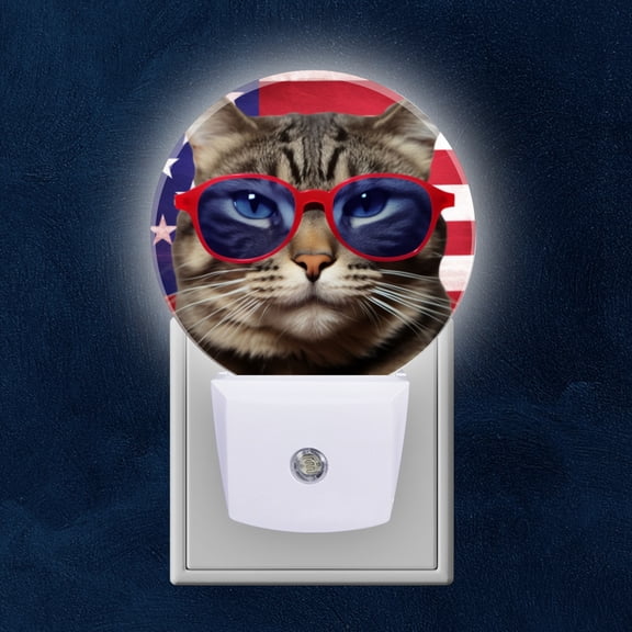 Round LED Night Lights Lamp with Dusk to Dawn Sensor, Cat Wearing Red Sunglasses Against The American Flag Night Light Plug Into Wall for Kids Room, Bedroom, Bathroom, Kitchen, Hallway