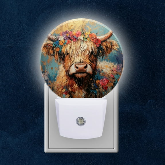 Round LED Night Lights Lamp with Dusk to Dawn Sensor, The Charming Allure Of Flower Adorned Highland Cow Night Light Plug Into Wall for Kids Room, Bedroom, Bathroom, Kitchen, Hallway