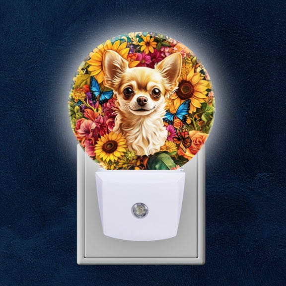 Round LED Night Lights Lamp with Dusk to Dawn Sensor, ChihuahuIn The Center Of Oval Pixie Night Light Plug Into Wall for Kids Room, Bedroom, Bathroom, Kitchen, Hallway