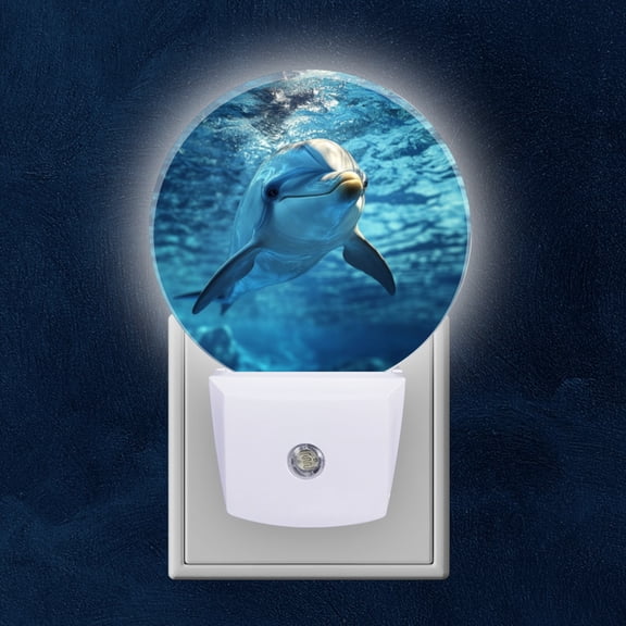 Round LED Night Lights Lamp with Dusk to Dawn Sensor, Close Up Of Dolphin In The Blue Abyss Night Light Plug Into Wall for Kids Room, Bedroom, Bathroom, Kitchen, Hallway