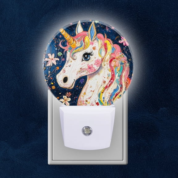 Round LED Night Lights Lamp with Dusk to Dawn Sensor, Color Splashed Unicorn Art Night Light Plug Into Wall for Kids Room, Bedroom, Bathroom, Kitchen, Hallway