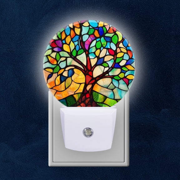 Round LED Night Lights Lamp with Dusk to Dawn Sensor, Color Tiled Tree Art Night Light Plug Into Wall for Kids Room, Bedroom, Bathroom, Kitchen, Hallway