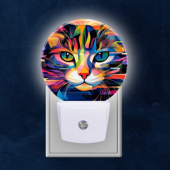 Round LED Night Lights Lamp with Dusk to Dawn Sensor, Colorful Cat In Modern Art Style Night Light Plug Into Wall for Kids Room, Bedroom, Bathroom, Kitchen, Hallway