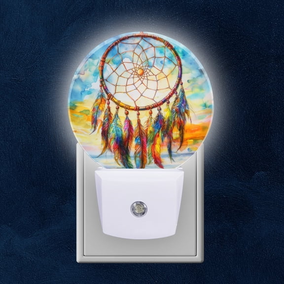Round LED Night Lights Lamp with Dusk to Dawn Sensor, Colorful Dreamcatcher In Watercolor Seascape Night Light Plug Into Wall for Kids Room, Bedroom, Bathroom, Kitchen, Hallway