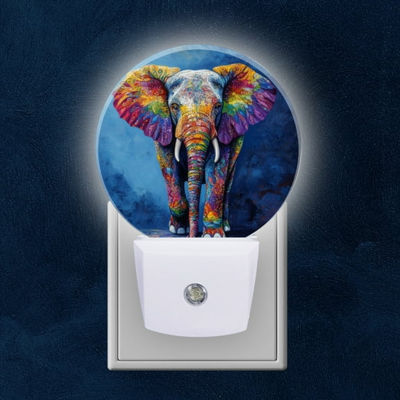 Round LED Night Lights Lamp with Dusk to Dawn Sensor, Colorful Elephant With Intricate Patterns Night Light Plug Into Wall for Kids Room, Bedroom, Bathroom, Kitchen, Hallway