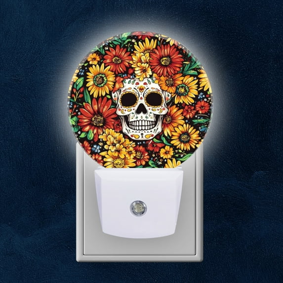 Round LED Night Lights Lamp with Dusk to Dawn Sensor, Colorful Floral Surrounded Sugar Skull Night Light Plug Into Wall for Kids Room, Bedroom, Bathroom, Kitchen, Hallway