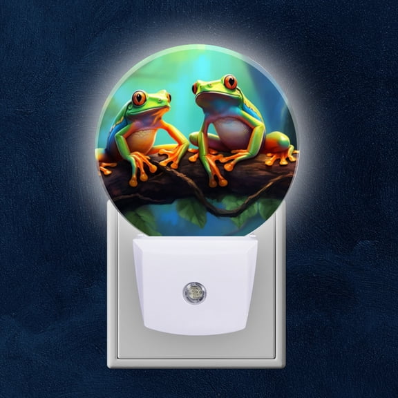 Round LED Night Lights Lamp with Dusk to Dawn Sensor, Colorful Frogs Perched On Branch Night Light Plug Into Wall for Kids Room, Bedroom, Bathroom, Kitchen, Hallway