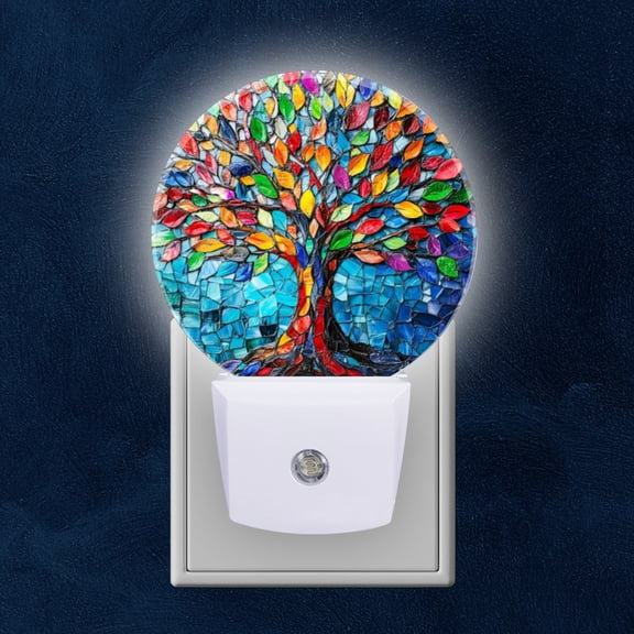 Round LED Night Lights Lamp with Dusk to Dawn Sensor, Colorful Mosaic Tree Artwork Night Light Plug Into Wall for Kids Room, Bedroom, Bathroom, Kitchen, Hallway