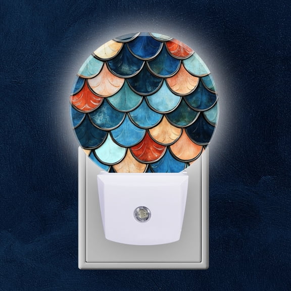 Round LED Night Lights Lamp with Dusk to Dawn Sensor, Colorful Scalloped Tile Pattern Night Light Plug Into Wall for Kids Room, Bedroom, Bathroom, Kitchen, Hallway