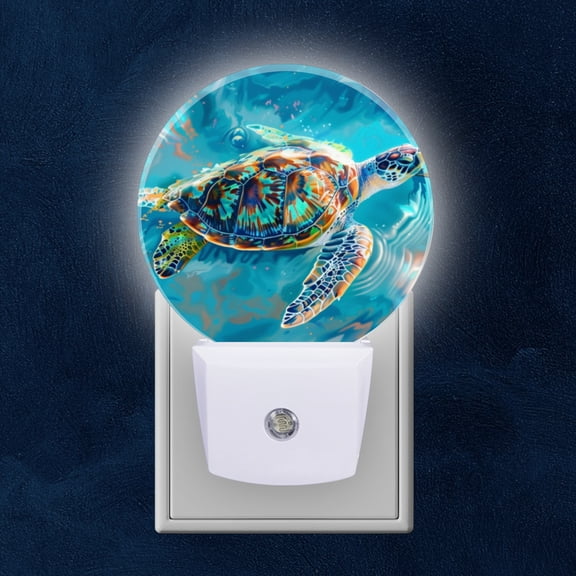 Round LED Night Lights Lamp with Dusk to Dawn Sensor, Colorful Seturtle Swimming In Turquoise Waters Night Light Plug Into Wall for Kids Room, Bedroom, Bathroom, Kitchen, Hallway