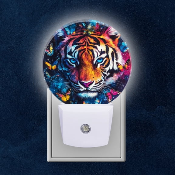 Round LED Night Lights Lamp with Dusk to Dawn Sensor, Colorful Tiger Face With Blue Eyes Night Light Plug Into Wall for Kids Room, Bedroom, Bathroom, Kitchen, Hallway