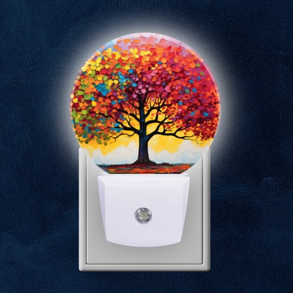 Round LED Night Lights Lamp with Dusk to Dawn Sensor, Colorful Tree Of Life With Multicolored Leaves Night Light Plug Into Wall for Kids Room, Bedroom, Bathroom, Kitchen, Hallway