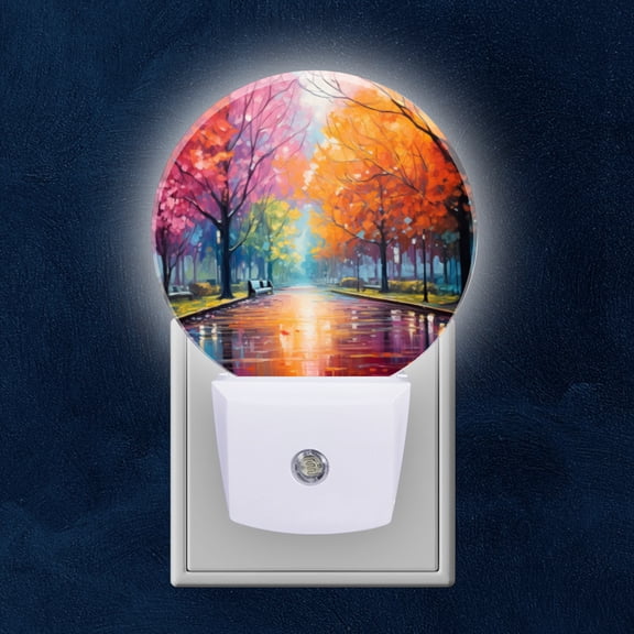 Round LED Night Lights Lamp with Dusk to Dawn Sensor, Colorful Tree Lined Road After The Rain Night Light Plug Into Wall for Kids Room, Bedroom, Bathroom, Kitchen, Hallway